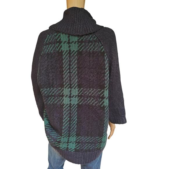Lands’ End 1X Plaid Cowl-Neck Poncho Sweater Navy/Green Tartan - Picture 2 of 5